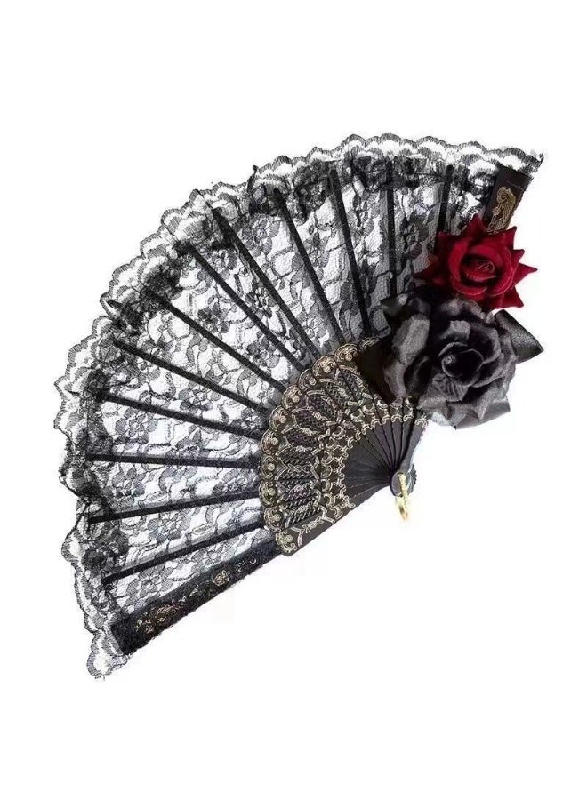 سان يي مروحة يدوية قابلة للطي، مروحة يدوية سوداء مزينة بالدانتيل والورود، مروحة إسبانية كبيرة قابلة للطي على الطراز القديم للسيدات والفتيات، مناسبة للحفلات وأزياء التنكرية والتصوير الفوتوغرافي، والعروض الحفلية، والرقص، والديكورات، والهدايا، 1 عبوة - Image 2